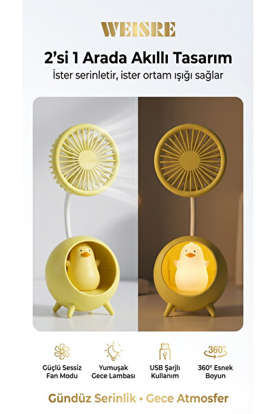Weisre Şarjlı Mini Masaüstü Fan Sessiz Taşınabilir 360° Esnek Boyun LED Gece ...