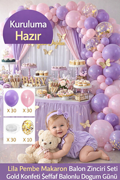 KAR TANESİ 70 Parça Lila Pembe Makaron Balon Zinciri Seti Gold Konfeti Şeffaf...