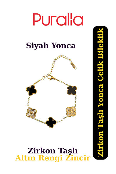Puralia Black Clover Steel Bracelet with Zircon Stone - Golden Yellow Chain