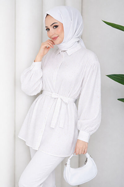 Moda Neva Stone Detailed Tie-Up Tunic Shirt