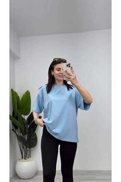 TUNAM BUTİK 3300 Oversize Basic Tshirt Baby Blue
