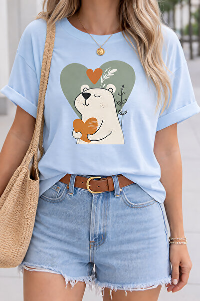 ArtYus تي شيرت كبير الحجم للجنسين مطبوع عليه قلب دب لطيف - تي شيرت قطني برقبة...