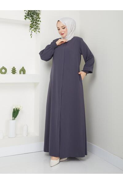 Esra Butik78 Kumlu Keten Uzun Gri Ferace 140 cm Tesettür Dış Giyim Ferace