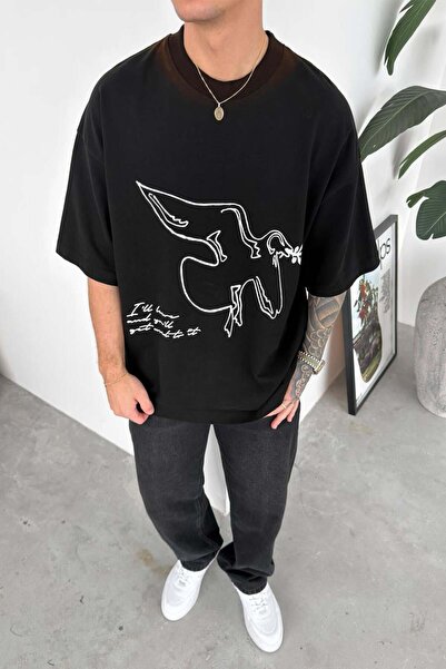 HAFKAGİYİM Μαύρο πλενόμενο μπλουζάκι με στάμπα Premium Oversize