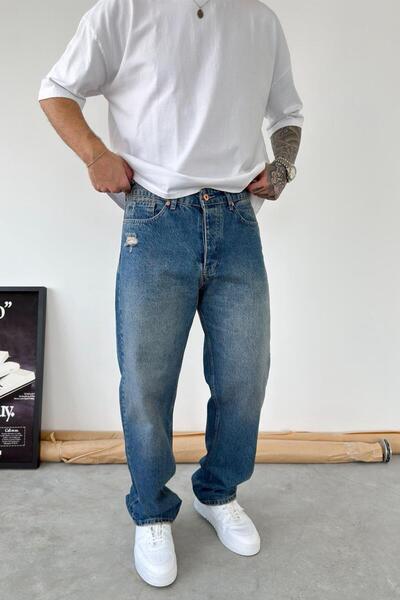 HAFKAGİYİM بنطلون فضفاض ممزق بلون أزرق عتيق ناعم الملمس