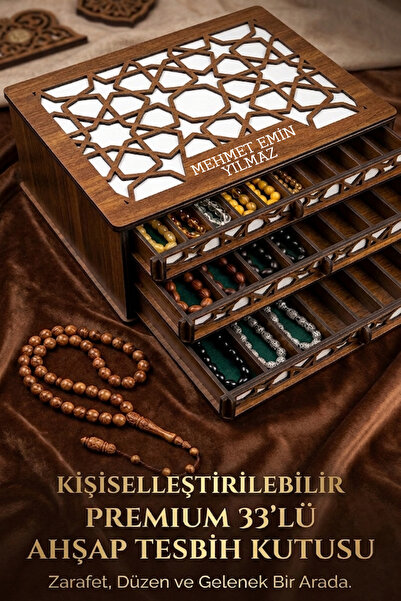 kutuTR Kişiye Özel İsim Yazılabilir 3 Katlı Ahşap Tesbih Kutusu – 33’lük Tesb...