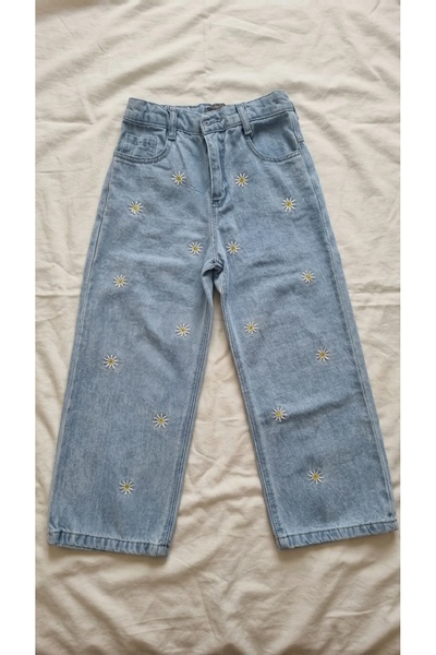 Sabi Girl's Daisy Embroidered Light Blue Wide Leg Denim Trousers