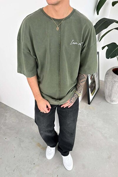 HAFKA Khaki Embroidery Detailed Premium Oversize T-Shirt