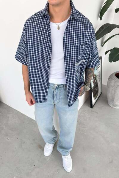 HAFKAGİYİM Navy Blue Only Embroidered Checkered Shirt