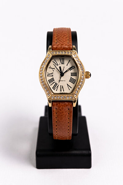 Toz Vintage Cazion Brown Leather Strap Gold Case Stone Detailed Women's Vinta...