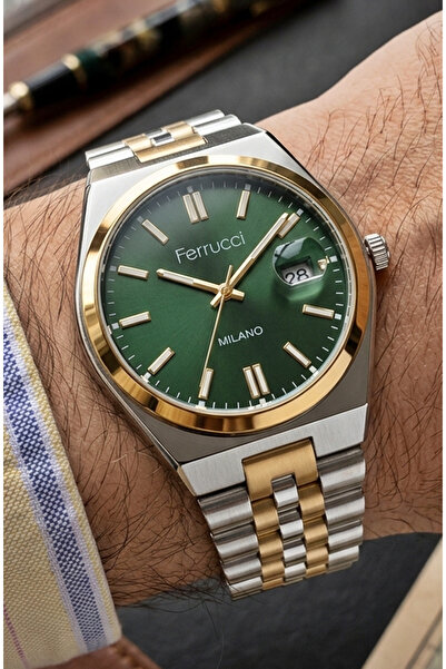 Ferrucci Milano Men's Wristwatch Green Dial Steel Band Silver-Gold |   Stylis...