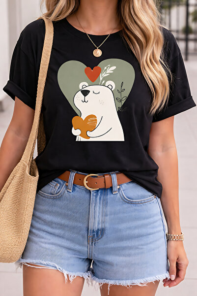 ArtYus تي شيرت كبير الحجم للجنسين مطبوع عليه قلب دب لطيف - تي شيرت قطني برقبة...