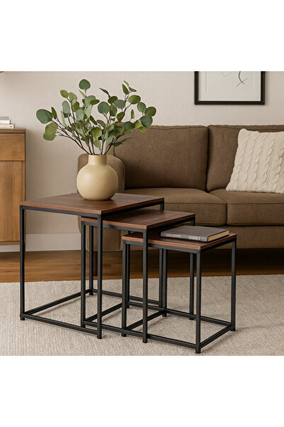 OKAE طقم طاولات خدمة وضيافة مربعه متداخلة 3 قطع سطح خشبي وهيكل معدني تصميم مو...