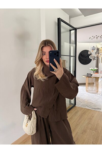 Moda Asrın Kahverengi Dik Yaka Şalvar Takım Düğme Tasarım