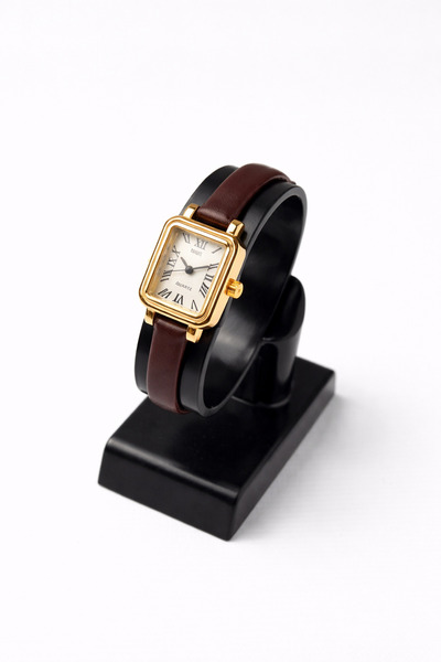 Toz Vintage Cilnar Brown Leather Strap Gold Square Case Minimal Women's Vinta...