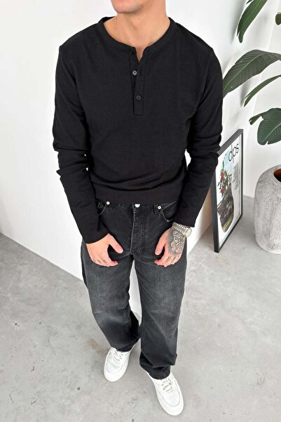 HAFKAGİYİM Black Muslin Fabric Buttoned Collar Relaxed Long Sleeve T-Shirt