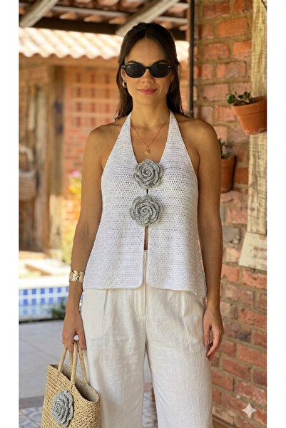diğerr1 el örgü şık gül motıflı beyaz baharlık yazlık crochet bluz