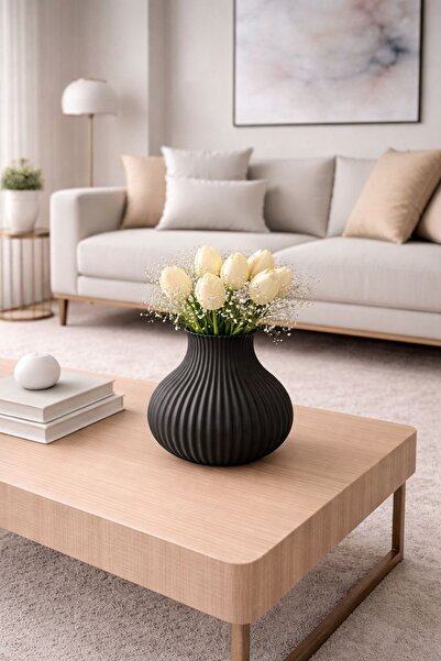 Claraco Modern Gray Decorative Vase – Warm Gray Matte Design with Vertical St...