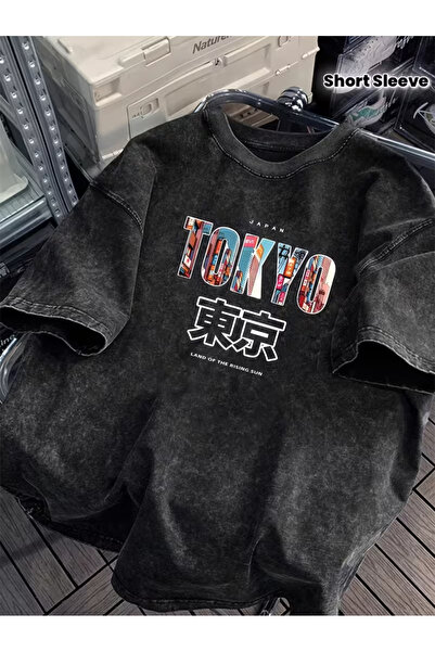 CLASSY.MODA Smoked Washed T-Shirt - Denim Textured Retro Design Loose Top