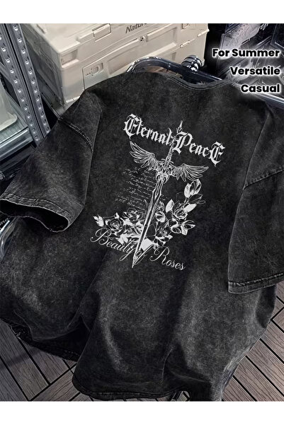 CLASSY.MODA Smoked Washed T-Shirt - Denim Textured Retro Design Loose Top