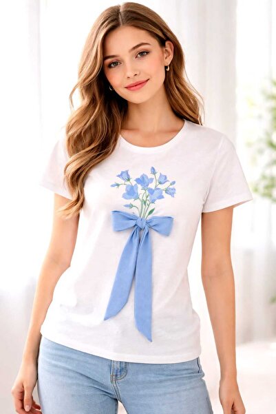 OEM women's t-shirt, cotton, embroidered print, decorative bow