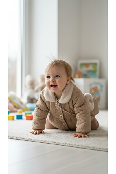 İdeal Canöz 3655 Baby Girl Plush Collar Quilted Coat Sweater Plush Bag and Tr...