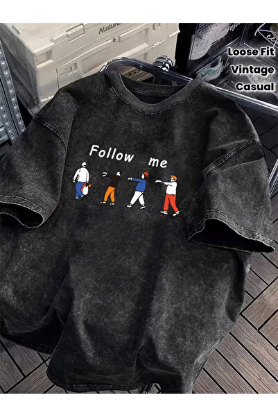 CLASSY.MODA Μπλουζάκι με εφέ καπνιστού αντικέ και πλυμένη υφή - Τζιν με ρετρό...