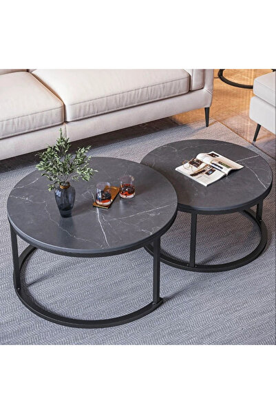 OKAE طقم طاولات خدمة وضيافة متداخلة قطعتين سطح خشب بتصميم رخام داكن وهيكل معد...