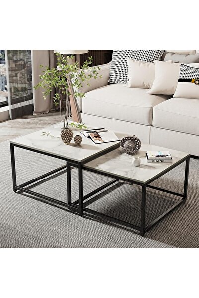 OKAE طقم طاولات خدمة وضيافة متداخلة قطعتين سطح خشبي وهيكل معدني أسود صلب تصمي...