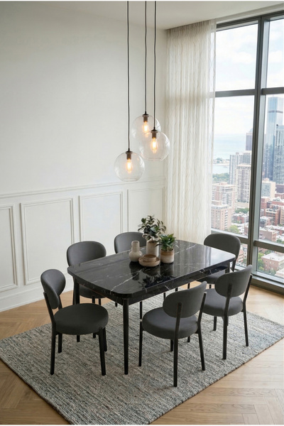 DEREN HOME Pufy Serisi 80x130 Açılabilir Masa +6 Adet Silinebilir Sandalye Ma...