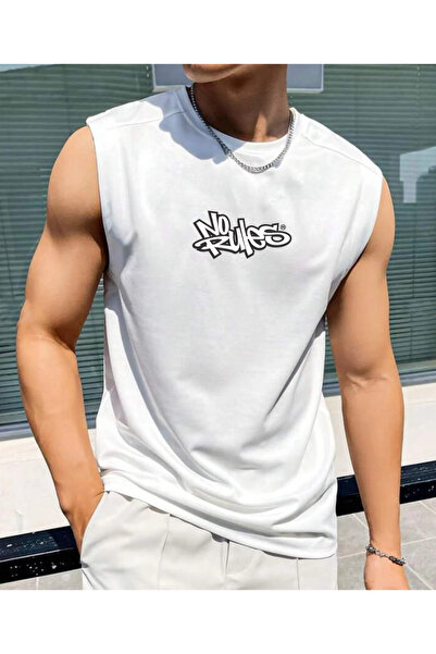 SUNFREE تيشيرت رجالي مطبوع عليه NO RULES ملابس رياضية بدون أكمام مقاس كبير