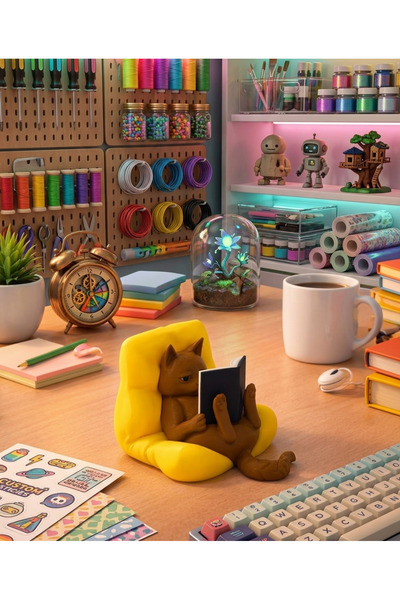 RubaTrend Keyifçi Yatan Kedi Tv Masa Kitaplık Mini Dekor Masanıza Patili Dokunuş