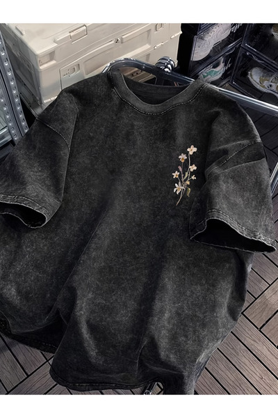 classy moda Tricou cu aspect uzat și spălăcit - Top lejer cu design retro și ...