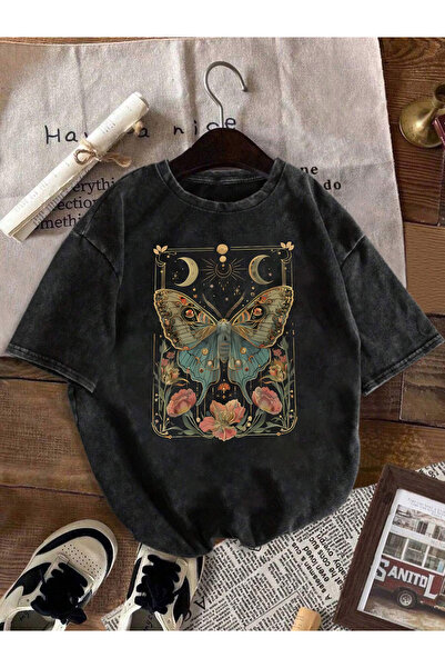 CLASSY.MODA Smoked Washed T-Shirt - Denim Textured Retro Design Loose Top