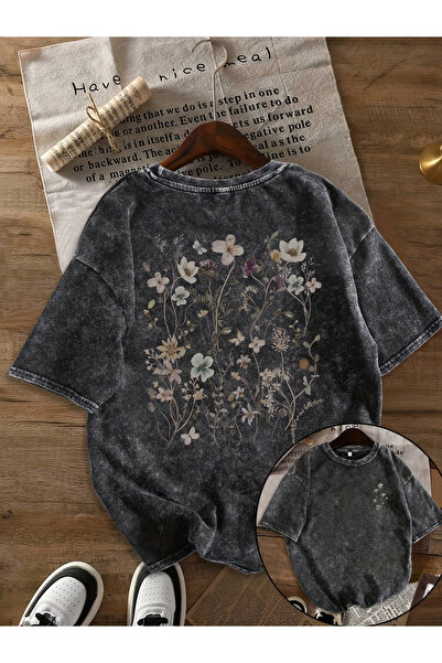 CLASSY.MODA Μπλουζάκι με εφέ καπνιστού αντικέ και πλυμένη υφή - Τζιν με ρετρό...