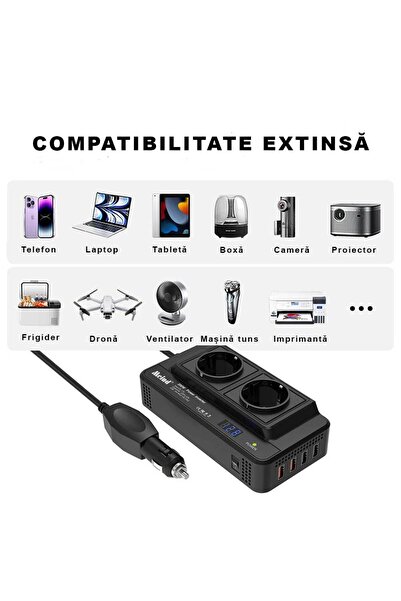 Noar Auto INVERTOR AUTO 200W, PRIZA DUBLA 230V, 4 x PORTURI USB, PUTERE MAXIM...