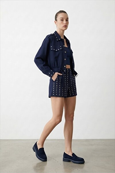 Quzu Staple Detailed Shorts Navy Blue