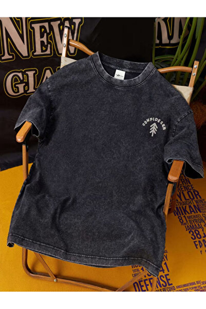 CLASSY.MODA Μπλουζάκι με εφέ καπνιστού αντικέ και πλυμένη υφή - Τζιν με ρετρό...