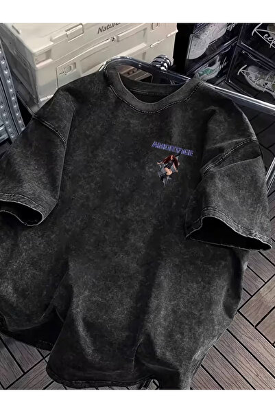 CLASSY.MODA Μπλουζάκι με εφέ καπνιστού αντικέ και πλυμένη υφή - Τζιν με ρετρό...