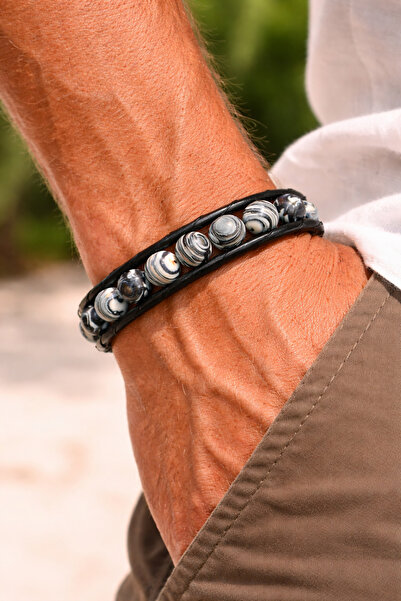 magıcgrange Men's Natural Stone Leather Bracelet – Agate, Tiger's Eye Onyx, H...