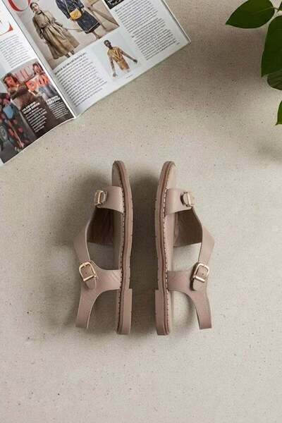 Ayakkabı Fuarı Elit KOC54-07 Дамски равни сандали от естествена кожа, бежови