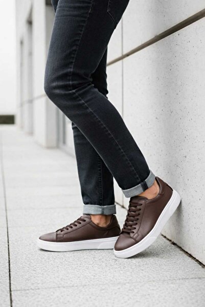 FAYMAZ Ανδρικά αθλητικά παπούτσια με καφέ υφή δέρματος, λευκή χοντρή σόλα, εγ...