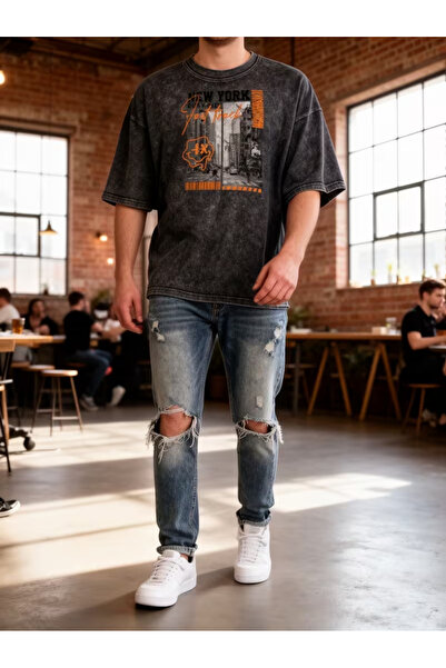 CLASSY.MODA Μπλουζάκι με εφέ καπνιστού αντικέ και πλυμένη υφή - Τζιν με ρετρό...