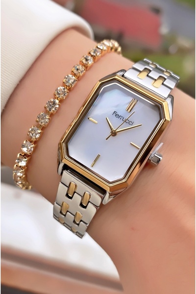 Ferrucci Women's Wristwatch Rectangular Case Silver-Gold Steel Band |   Elega...