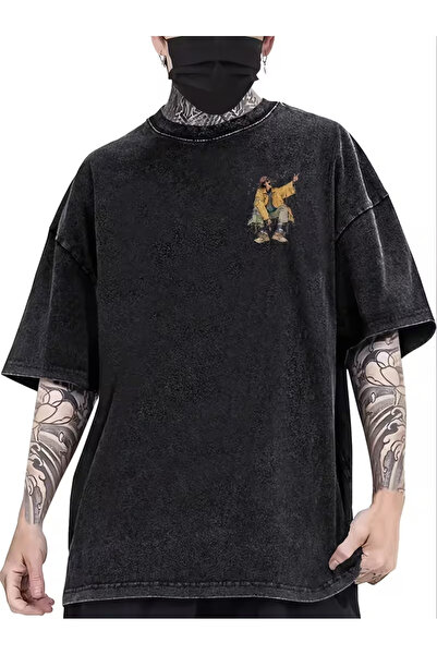 CLASSY.MODA Μπλουζάκι με εφέ καπνιστού αντικέ και πλυμένη υφή - Τζιν με ρετρό...