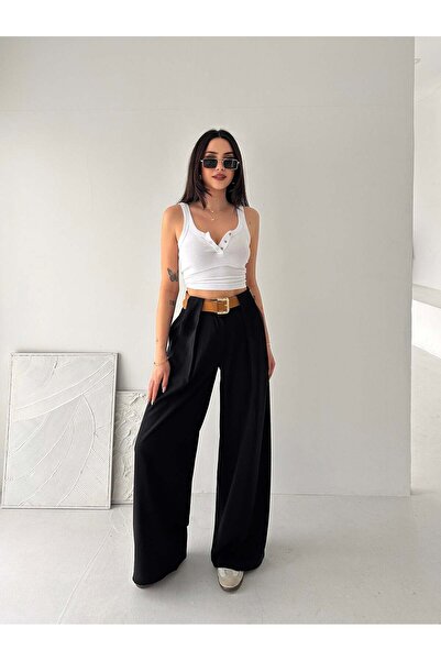 ceymoda Women's Bridge Detailed Belted Palazzo Trousers