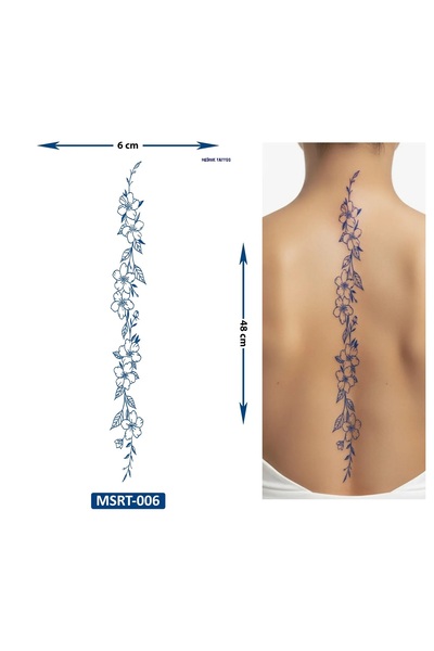 Airbrush Tattoo Sıralı Zarif Çiçekler 48 cm Büyük Boy Yarı Kalıcı Sırt Dövmesi