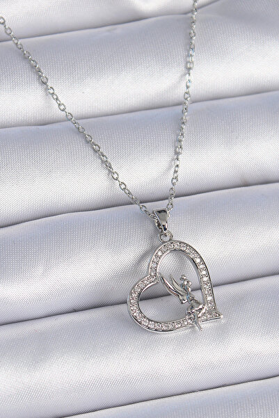 Nehir Stylish 316L Steel Chain Silver Color Zircon Stone Heart Model Angel De...