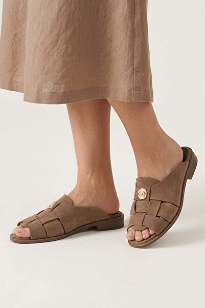 Ayakkabı Fuarı Elit Zyn4200 Women's Genuine Leather Flat Slippers Tan