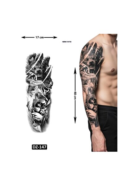 Airbrush Tattoo Aslan Kurt 1 Haftalık Tam Kol Bacak Yapıştırma Geçici Dövme 4...